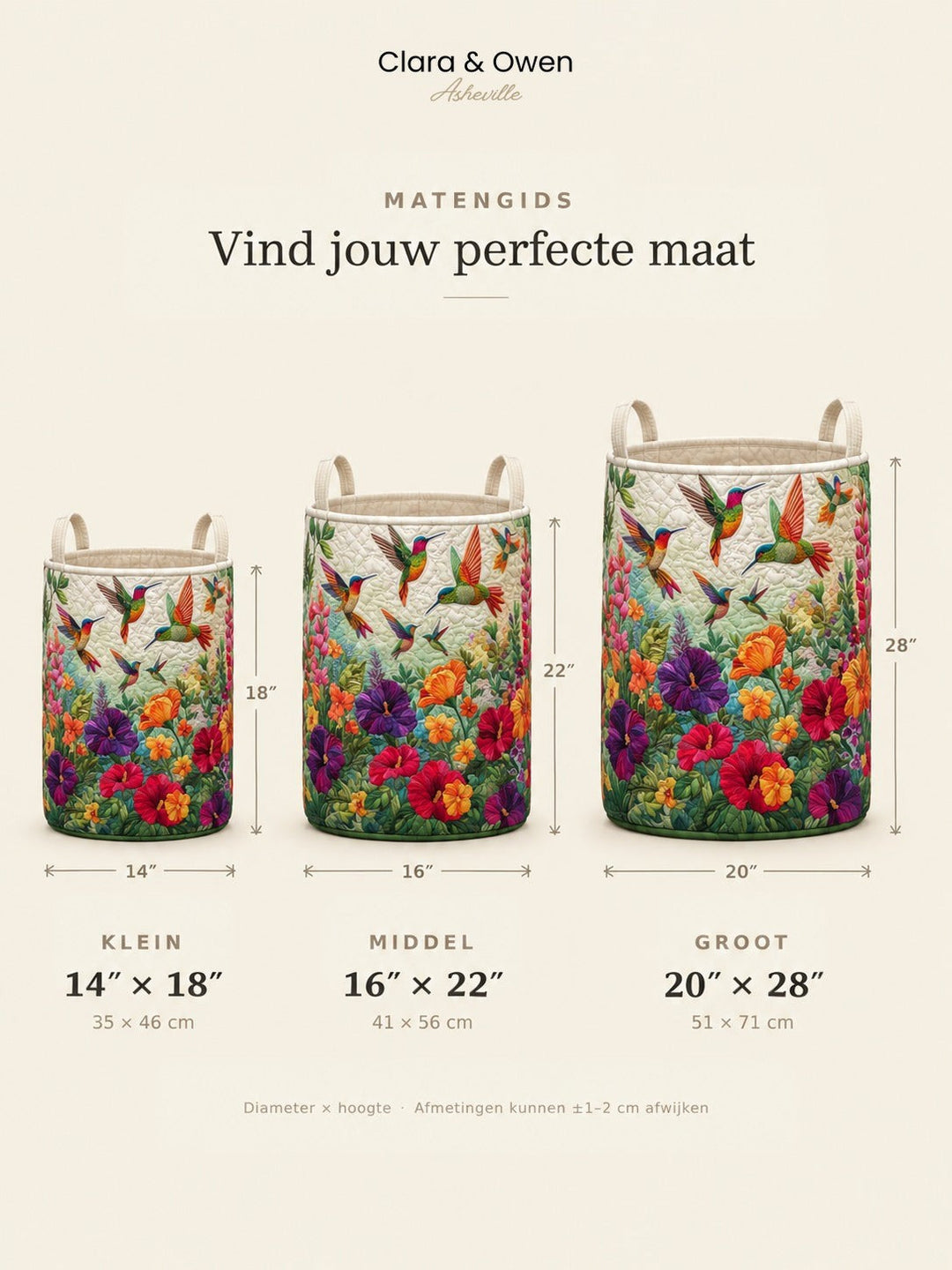 Maatoverzicht met drie manden naast elkaar in klein, middel en groot, met hoogte en diameter aangegeven. 5