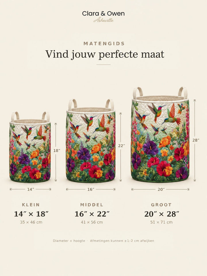 Maatoverzicht met drie manden naast elkaar in klein, middel en groot, met hoogte en diameter aangegeven. 5