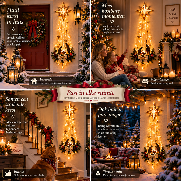 Vier opstellingen van de verlichte ster: voorportaal, woonkamer, hal met hond en overdekte terrasplek buiten 6