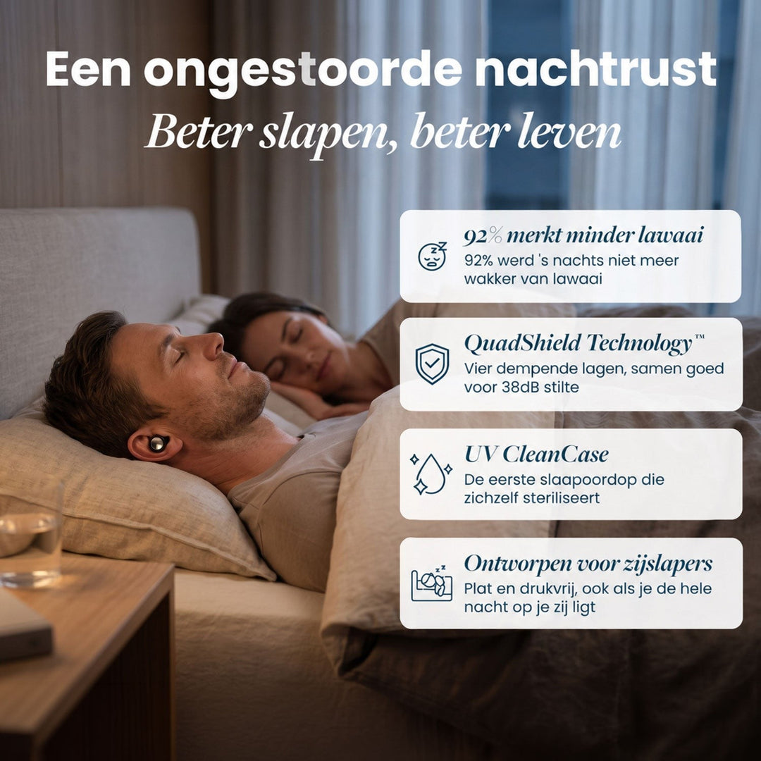 Engelstalige variant: man en vrouw slapen in bed, de man draagt een oordop, met kaders met voordelen ernaast. 18