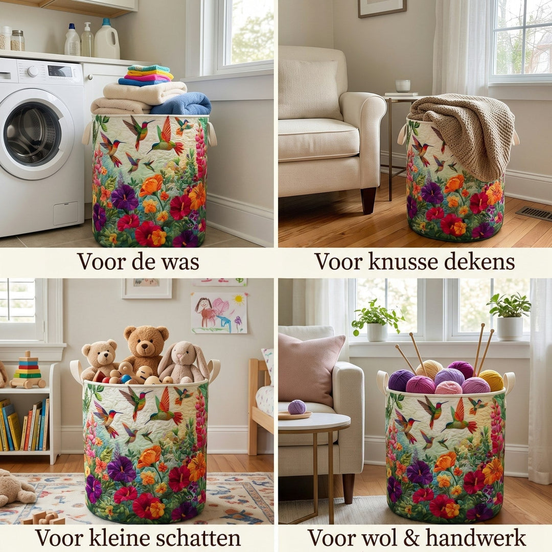 Vier beelden van dezelfde mand in gebruik: voor wasgoed, dekens, speelgoed en wol, telkens in een andere kamer. 2