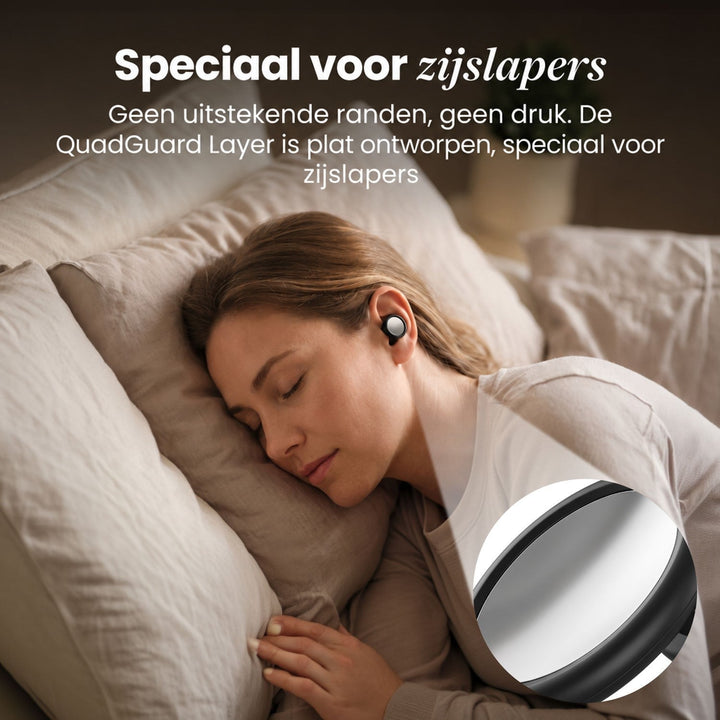 Duitstalige variant met zijslapende vrouw met een zwarte oordop; uitvergrote cirkel toont het vlakke zilverkleurige buitenvlak. 15