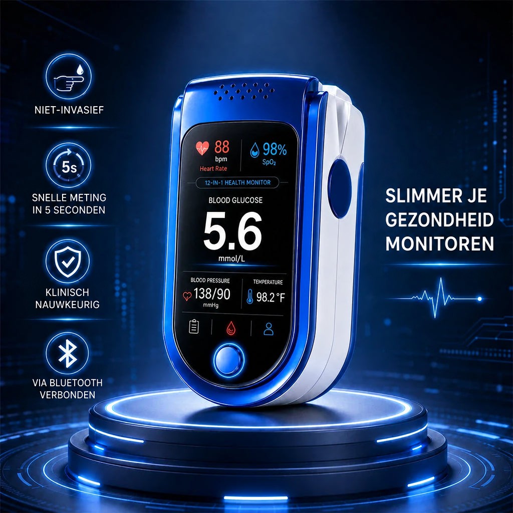 Monitor op een verlicht podium tegen een donkerblauwe technische achtergrond, met pictogrammen voor snelle metingen en bluetooth-verbinding. 6