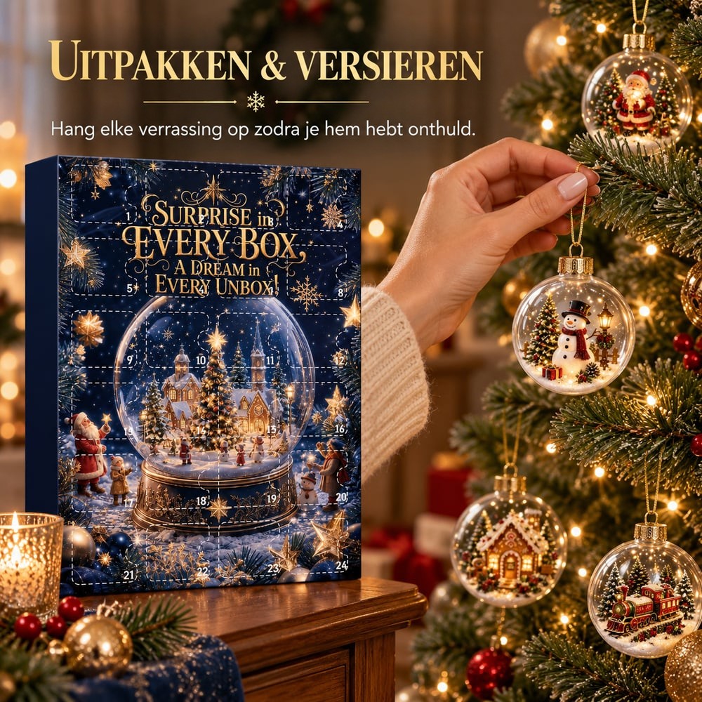 Hand hangt een sneeuwpopornament in de kerstboom, naast de kalender op een houten kastje 9