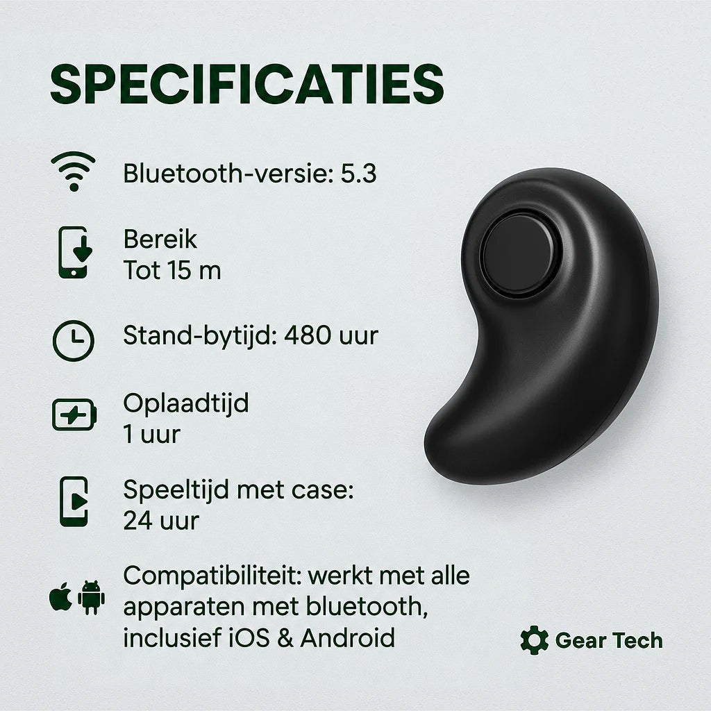 Zwart, boonvormig oordopje met ronde knop naast een lijst met technische specificaties op lichte achtergrond 5