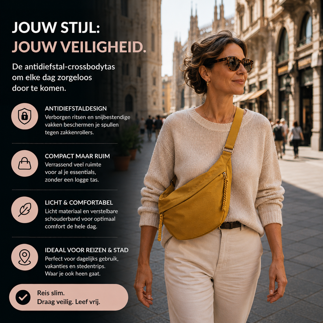 Vrouw met zonnebril draagt de okergele tas schuin over de borst tijdens een wandeling door de stad, met infographic over kenmerken. 2