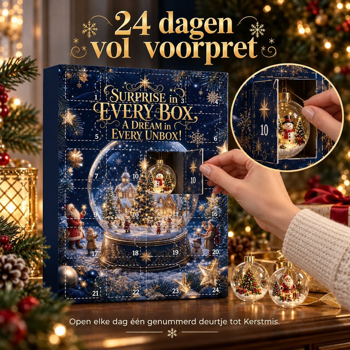 Hand opent deurtje tien van de kalender, met inzet van de sneeuwpopbal erachter 10