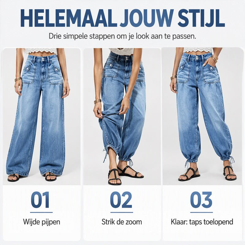 Drie stappen om de jeans te stylen: wijde pijp, zoom aanpassen met de strikbandjes en een strakke, taps toelopende look. 8