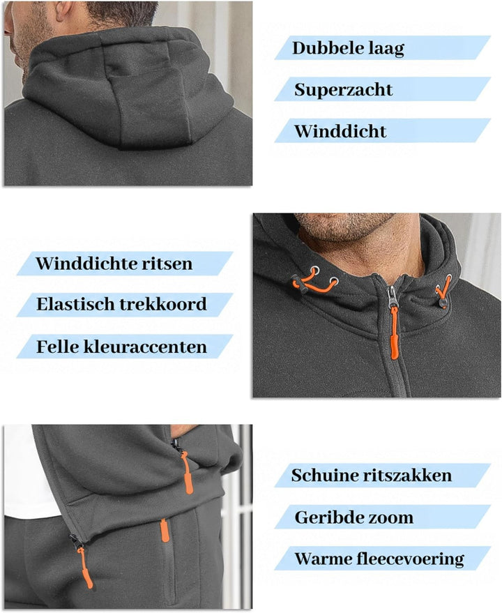 Collage van details in donkergrijs: capuchon, oranje ritstrekkers en trekkoord, ritszakken en geribbelde boord 11