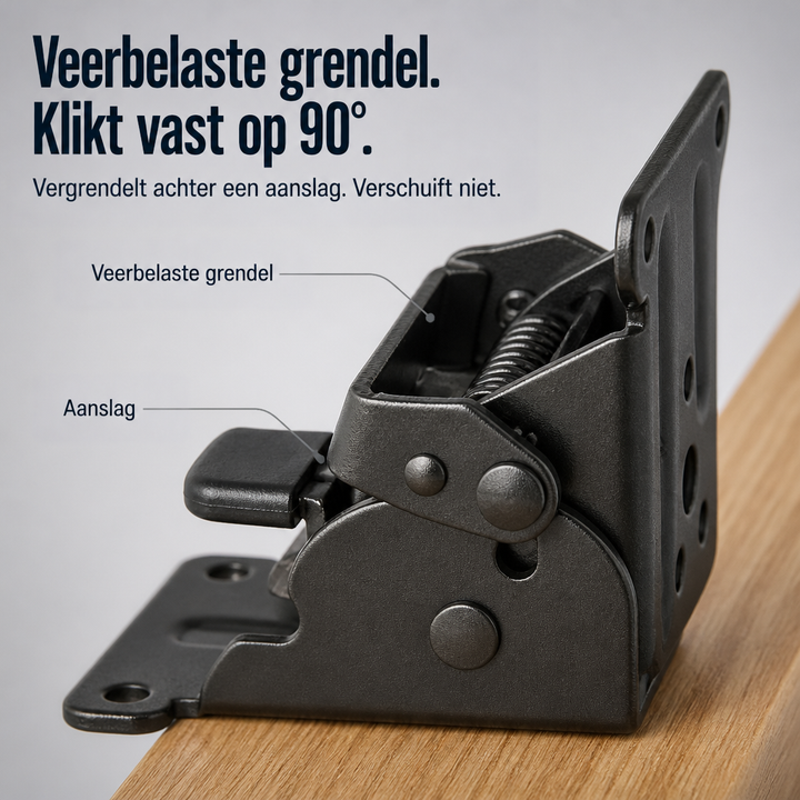 Close-up van de zwarte klapbeugel met veerbelaste vergrendeling en aanslagblok, bevestigd op de rand van een houten plank. 3