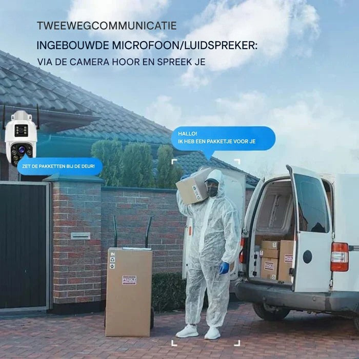 Camera bij een voordeur waarmee je via een ingebouwde luidspreker praat met een pakketbezorger bij zijn bus 6
