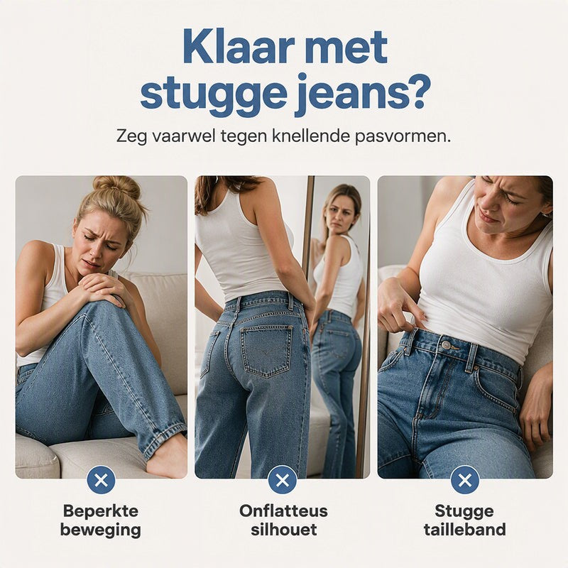 Collage van drie vrouwen in stijve spijkerbroeken die zich ongemakkelijk voelen, als contrast met de soepele pasvorm van deze jeans. 3