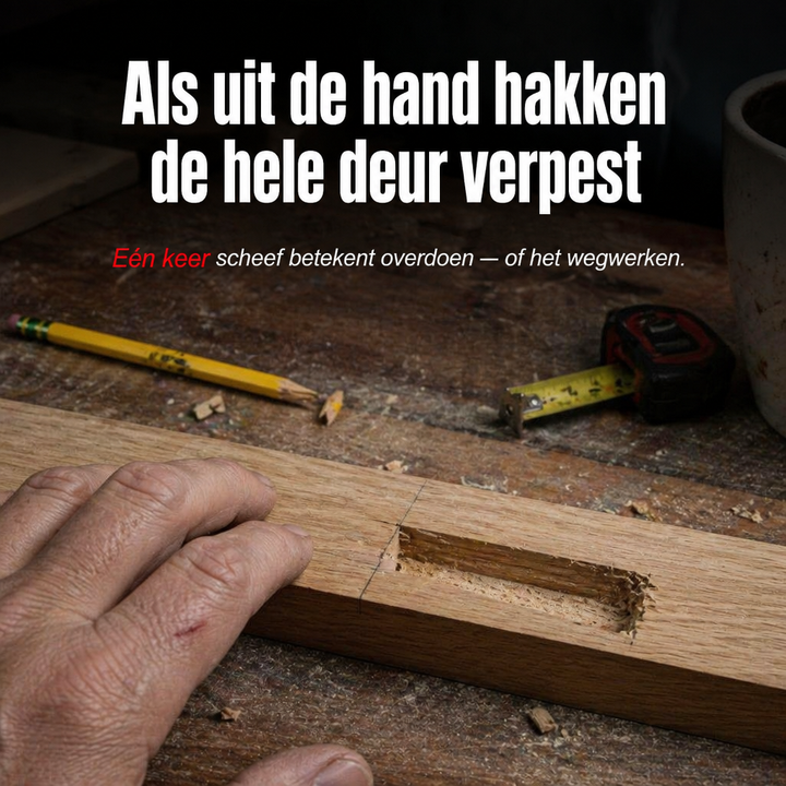 Uit de losse hand gefreesde sleuf in een eikenhouten balk met rafelige randen, naast een potlood en een rolmaat. 2