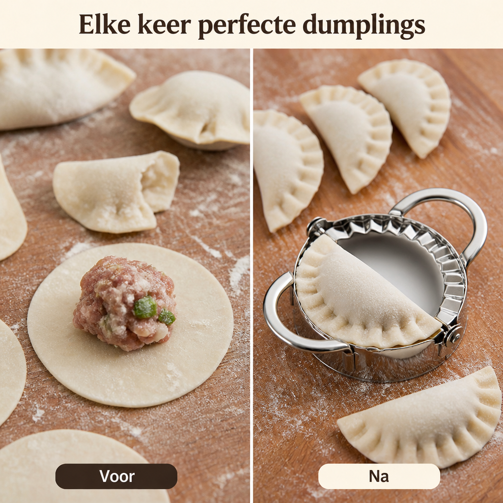 Voor en na: links ongelijk gevouwen dumplings en een bolletje vulling op deeg, rechts nette dumplings met geribbelde rand gemaakt met het vormpje. 4