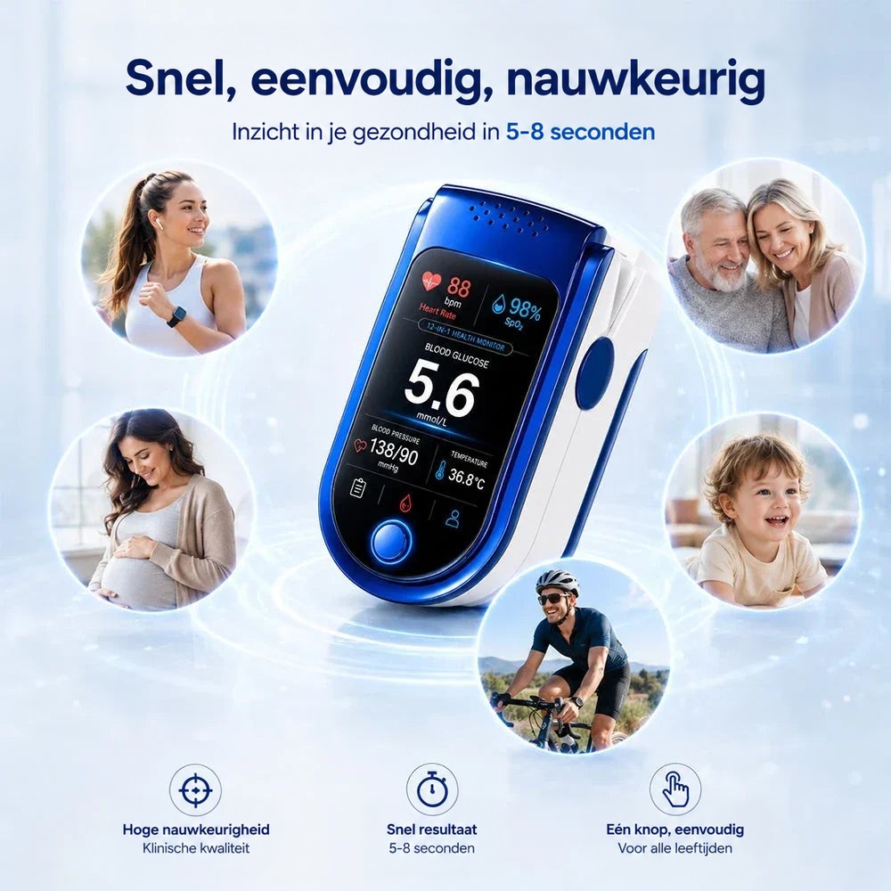 Monitor in het midden omringd door cirkels met een sportieve vrouw, zwangere vrouw, ouder stel, kind en wielrenner. 9