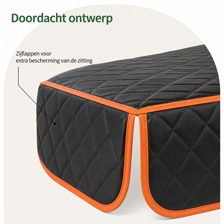 Detail van de gewatteerde zijflap met oranje bies aan de rand van de zitting, die extra bescherming biedt. 4