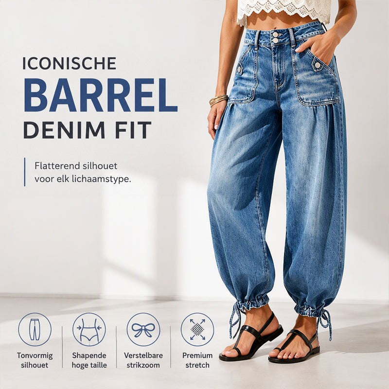Model in blauwe barreljeans met knoopzakken en strikbanden aan de zoom, met pictogrammen die pasvorm, hoge taille en stretch aanduiden. 1