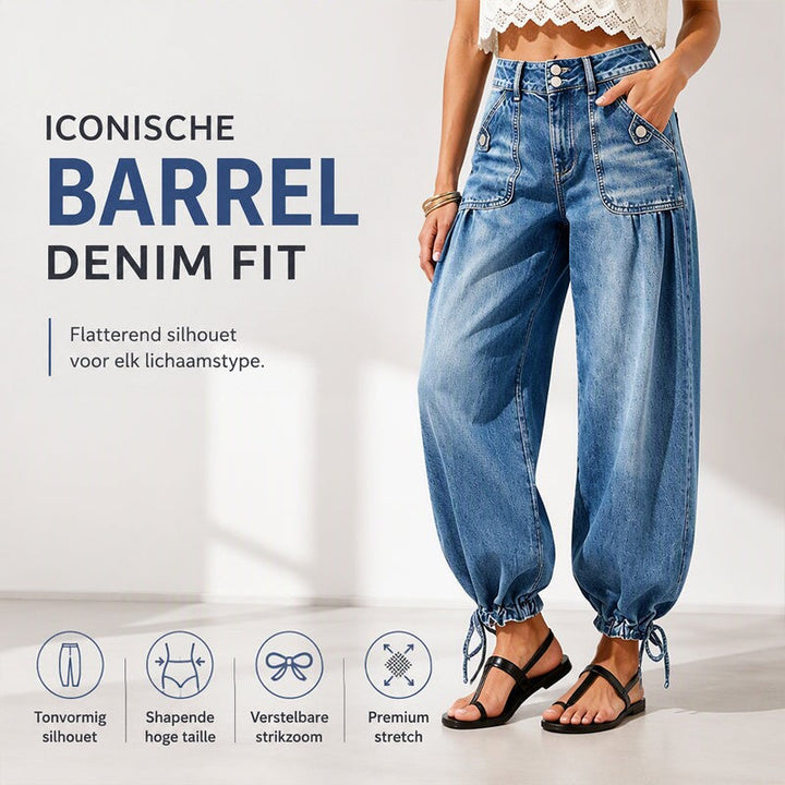 Model in blauwe barreljeans met knoopzakken en strikbanden aan de zoom, met pictogrammen die pasvorm, hoge taille en stretch aanduiden. 1