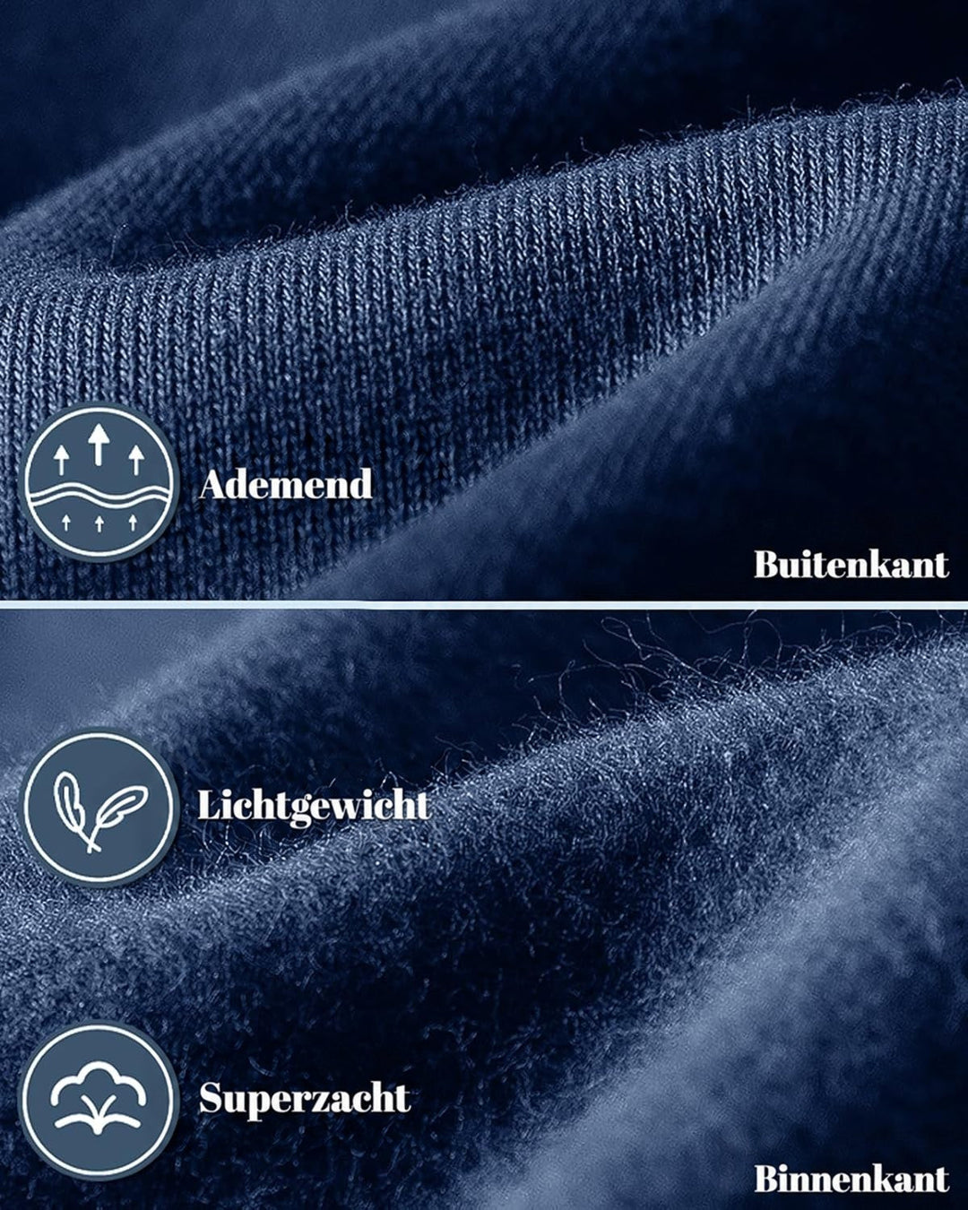Close-up van de marineblauwe stof, buitenkant met ribstructuur en zachte fleece aan de binnenkant 6