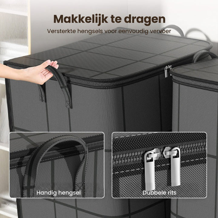 Detail van een hand die een versterkt draaghengsel vastpakt, met inzetfoto's van het hengsel en de dubbele rits. 8