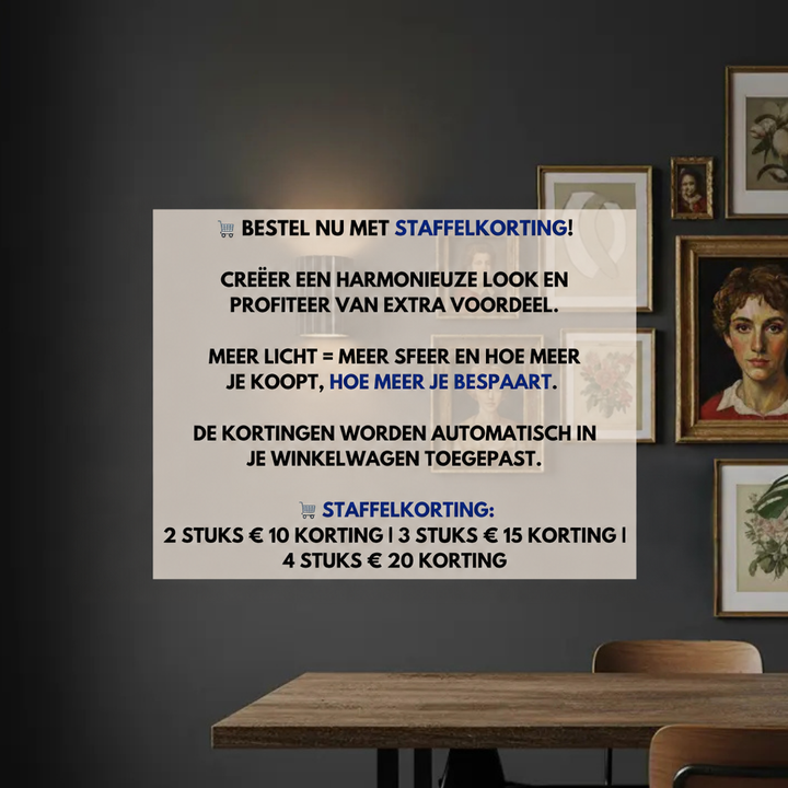 Wandlamp aan een donkere muur met een sfeervolle kaderwand en een tekstvlak over staffelkorting 2