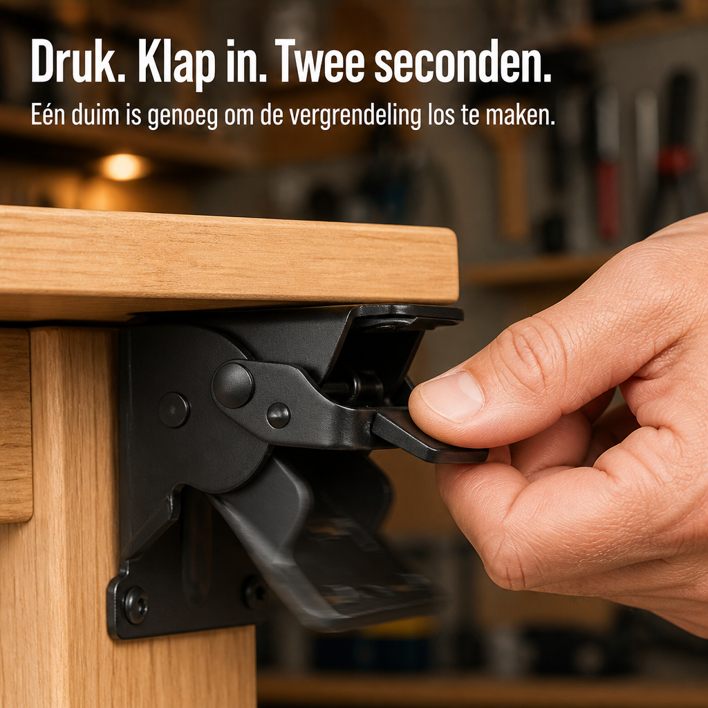 Duim drukt op de hendel van de zwarte beugel onder een houten tafelblad om de vergrendeling los te laten en in te klappen. 4