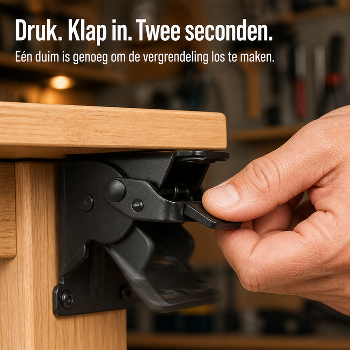 Duim drukt op de hendel van de zwarte beugel onder een houten tafelblad om de vergrendeling los te laten en in te klappen. 4