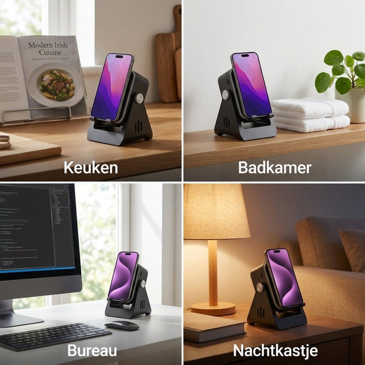 Vier foto's van de standaard in de keuken, badkamer, op een bureau en naast het bed 6
