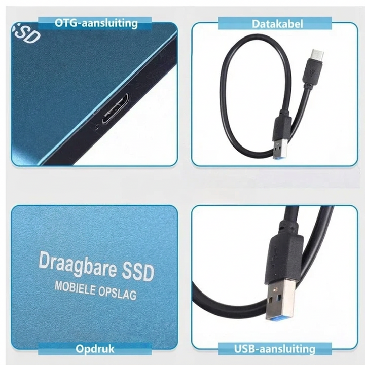 Vier detailbeelden: aansluiting, kabel, bedrukte behuizing en USB-connector van de blauwe SSD 7