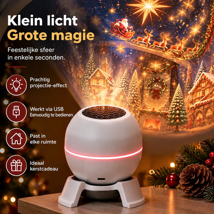 Witte projector met rode lichtring op een tafel, naast dennenappel, met kerstprojectie en lijst met voordelen 3