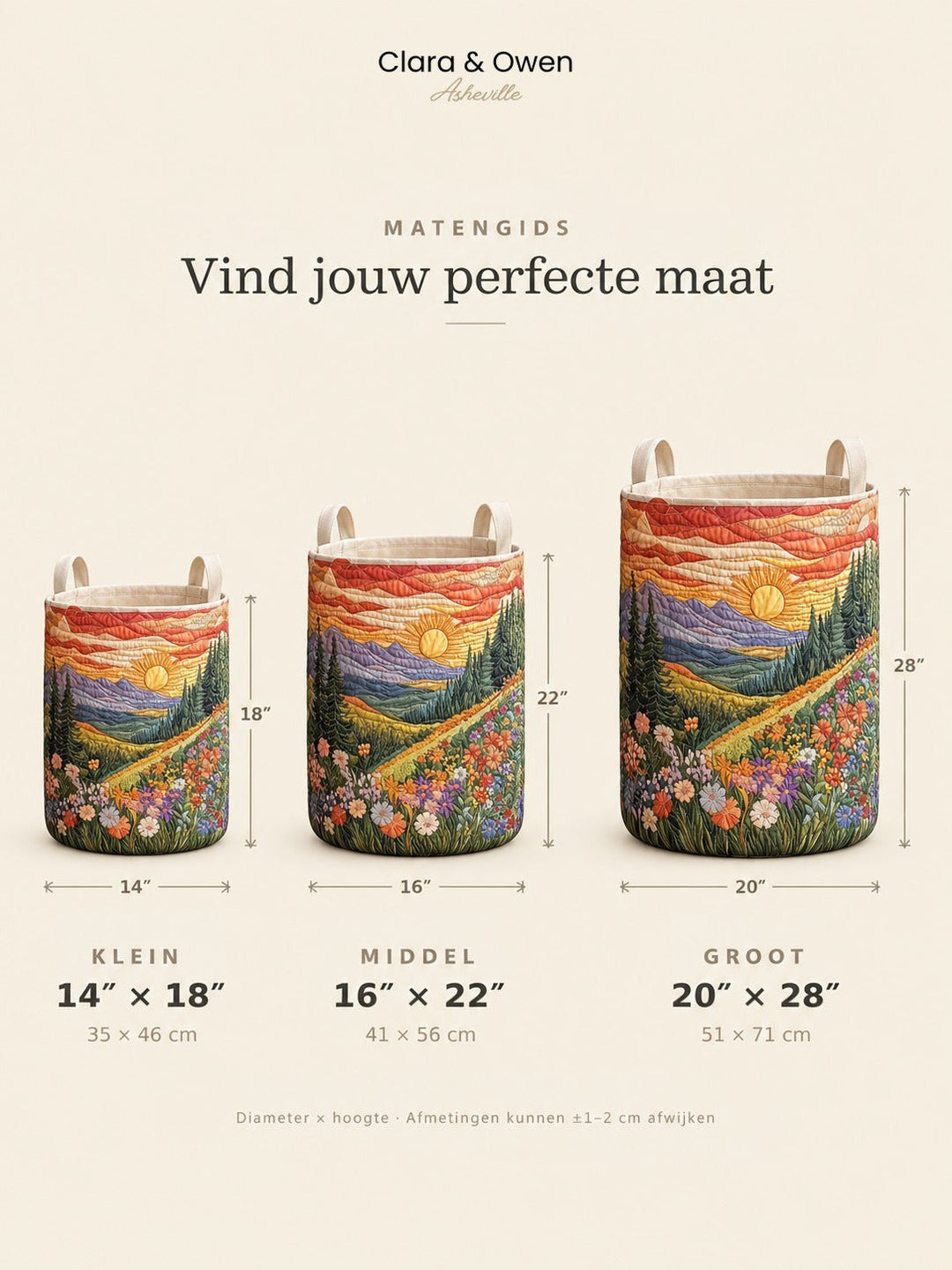 Maatoverzicht met drie manden in klein, middel en groot naast elkaar, met hoogte en diameter per maat aangegeven. 5