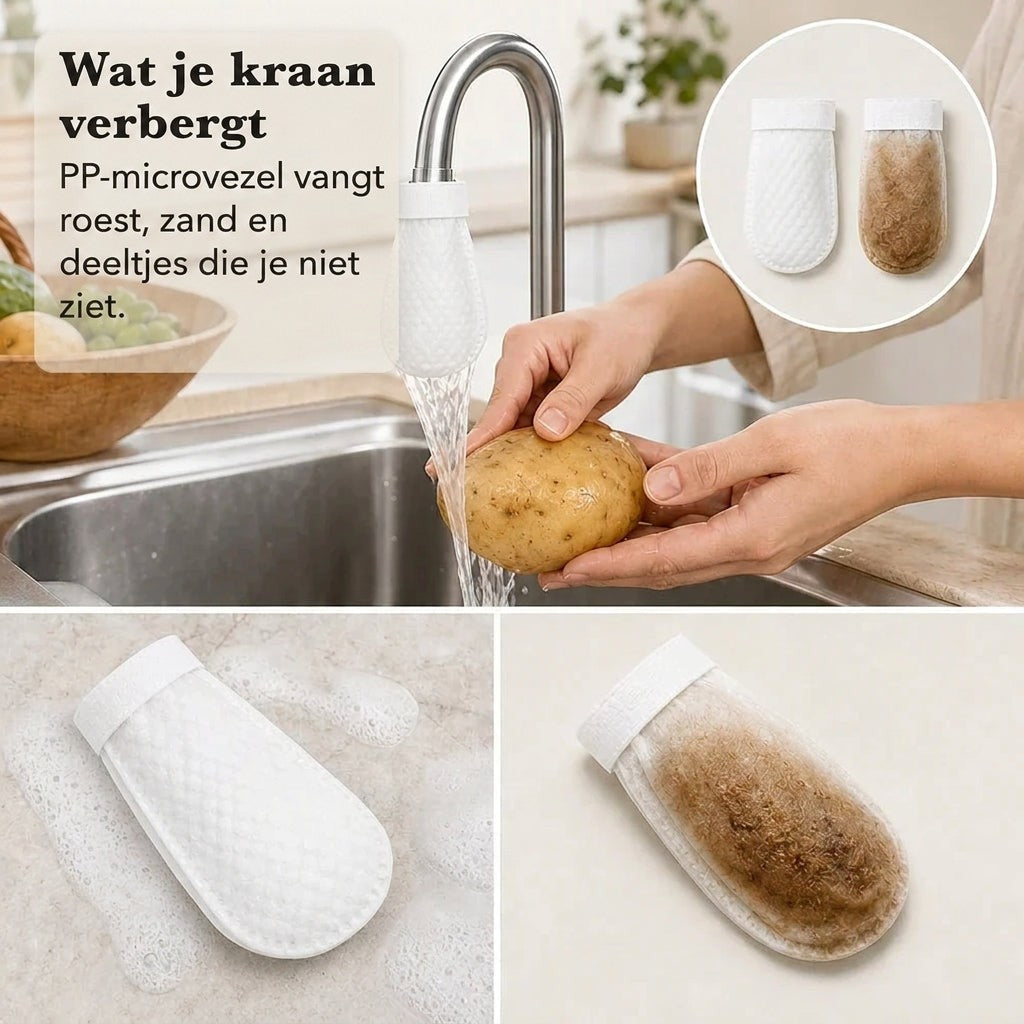 Collage: filter op de kraan terwijl een aardappel wordt gewassen, en een schoon zakje naast een bruin vervuild zakje. 4