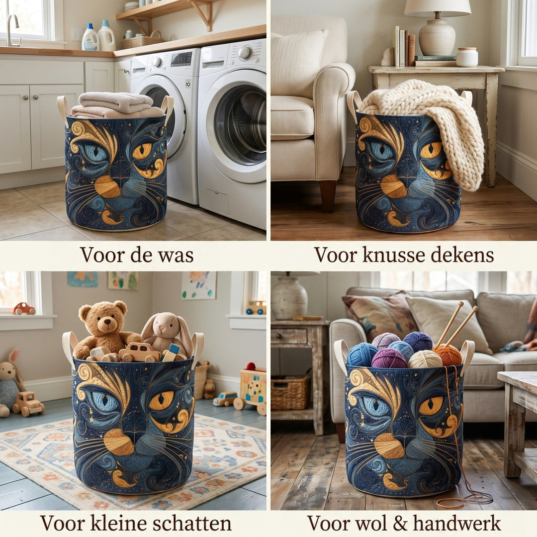 Collage van dezelfde kattenmand in vier gebruiksmomenten: gevuld met wasgoed, een plaid, speelgoed en wol met breinaalden. 2