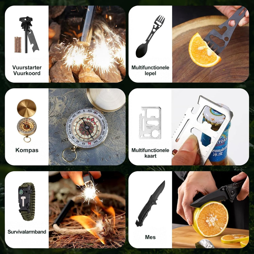 Zes artikelen in gebruik: vuurstarter, multifunctionele lepel, kompas, multitoolkaart, overlevingsarmband en vouwmes 4