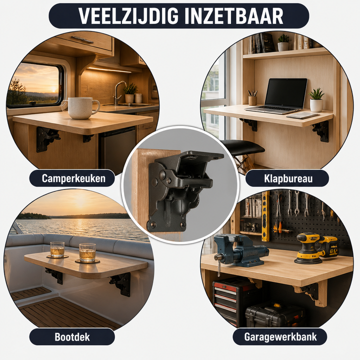 Collage van vier toepassingen van de beugel: caravankeuken, inklapbaar bureau, bootdek en werkbank in de garage, met de beugel in het midden. 6