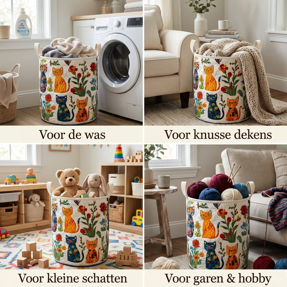 Collage van vier foto's met de kattenmand als wasmand, deken-, speelgoed- en garenopberging in verschillende kamers. 2