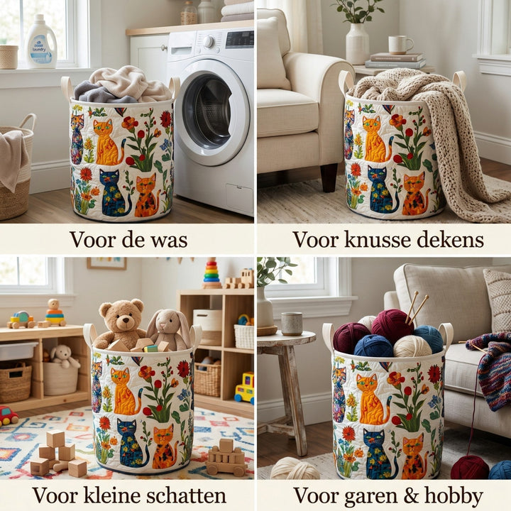 Collage van vier foto's met de kattenmand als wasmand, deken-, speelgoed- en garenopberging in verschillende kamers. 2