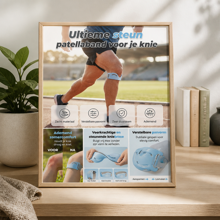 Ingelijste infographic op een plank met de kniesteunband tijdens het hardlopen, plus close-ups van het flexibele materiaal en de dubbele gespen. 3