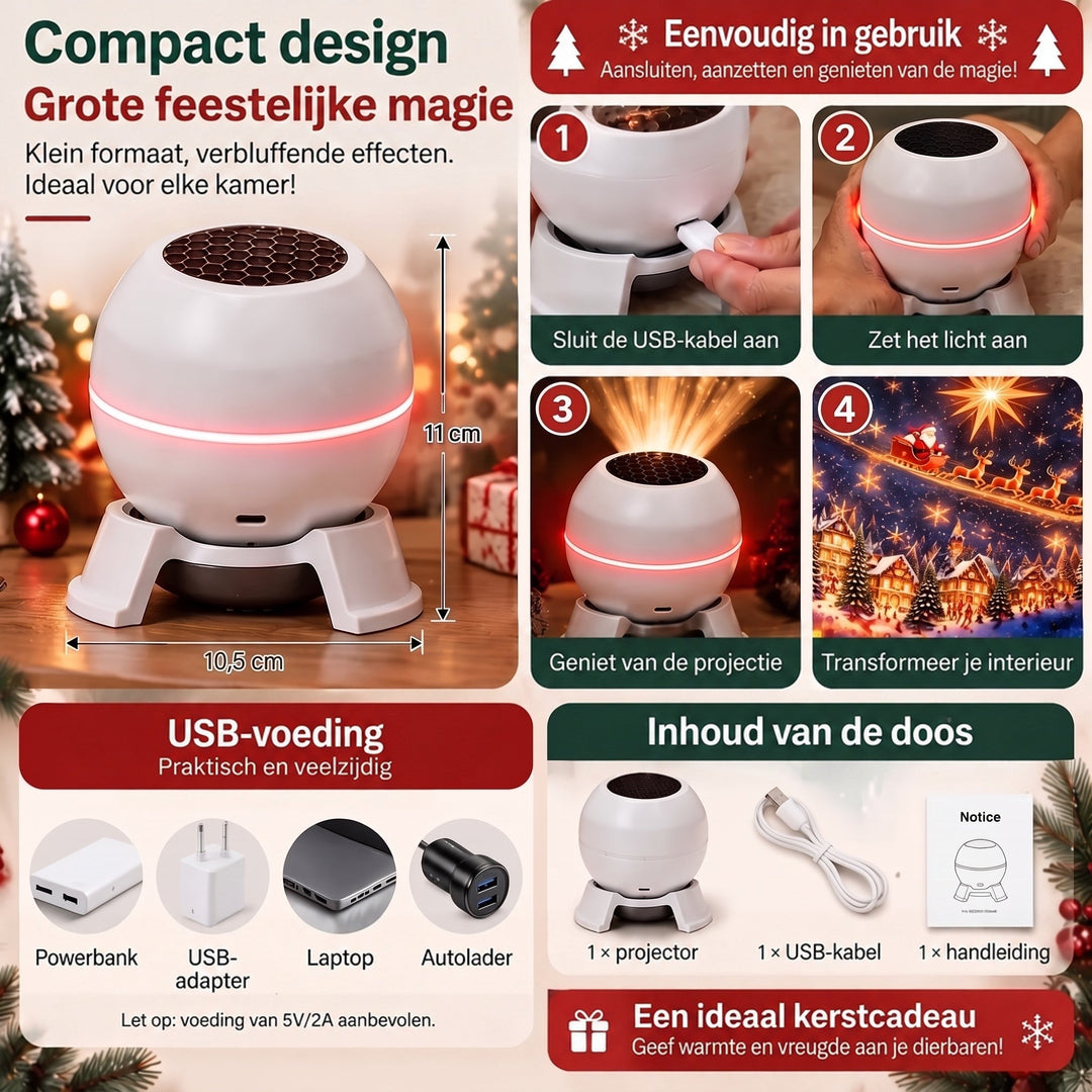 Overzicht van de compacte projector met afmetingen, vier stappen voor gebruik, USB-voedingsopties en de inhoud van de doos. 5