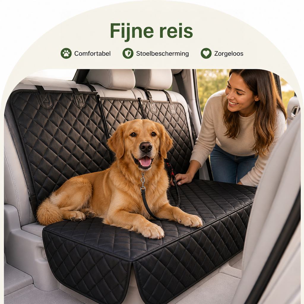 Lachende vrouw leunt naar een golden retriever die op de zwarte gewatteerde achterbankhoes in een lichte auto ligt. 5