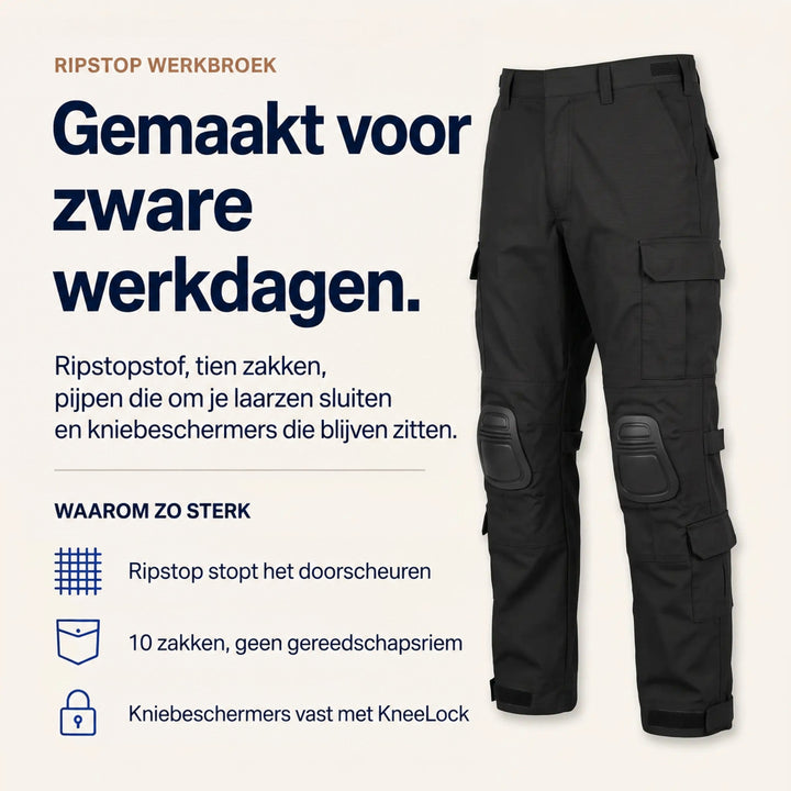 Zwarte ripstop werkbroek met kniekappen en beenzakken naast een lijst met de belangrijkste voordelen van de broek. 4