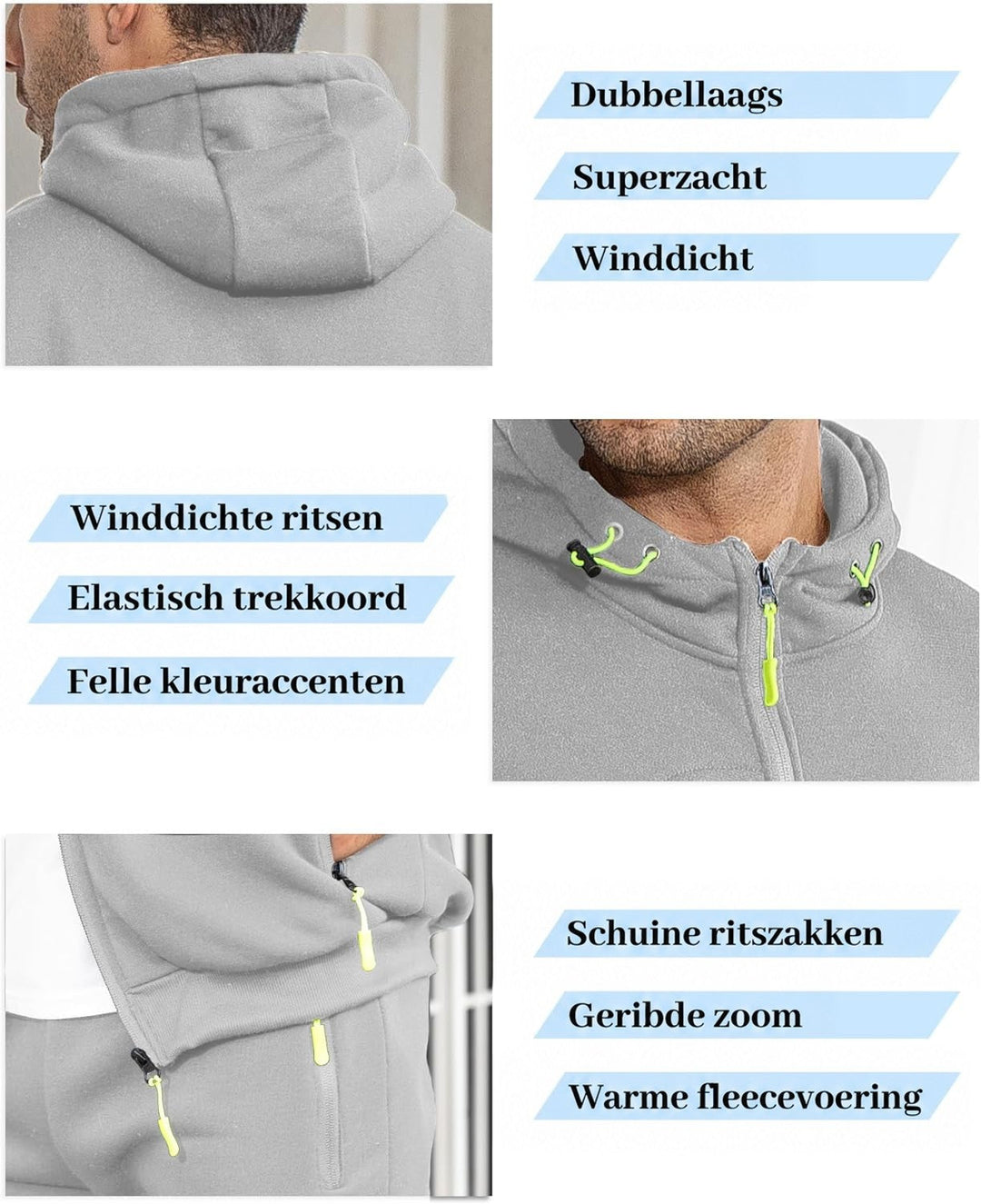 Grijze hoodie in detail: capuchon, trekkoord, rits en ritszakken, met opsomming van de kenmerken 29