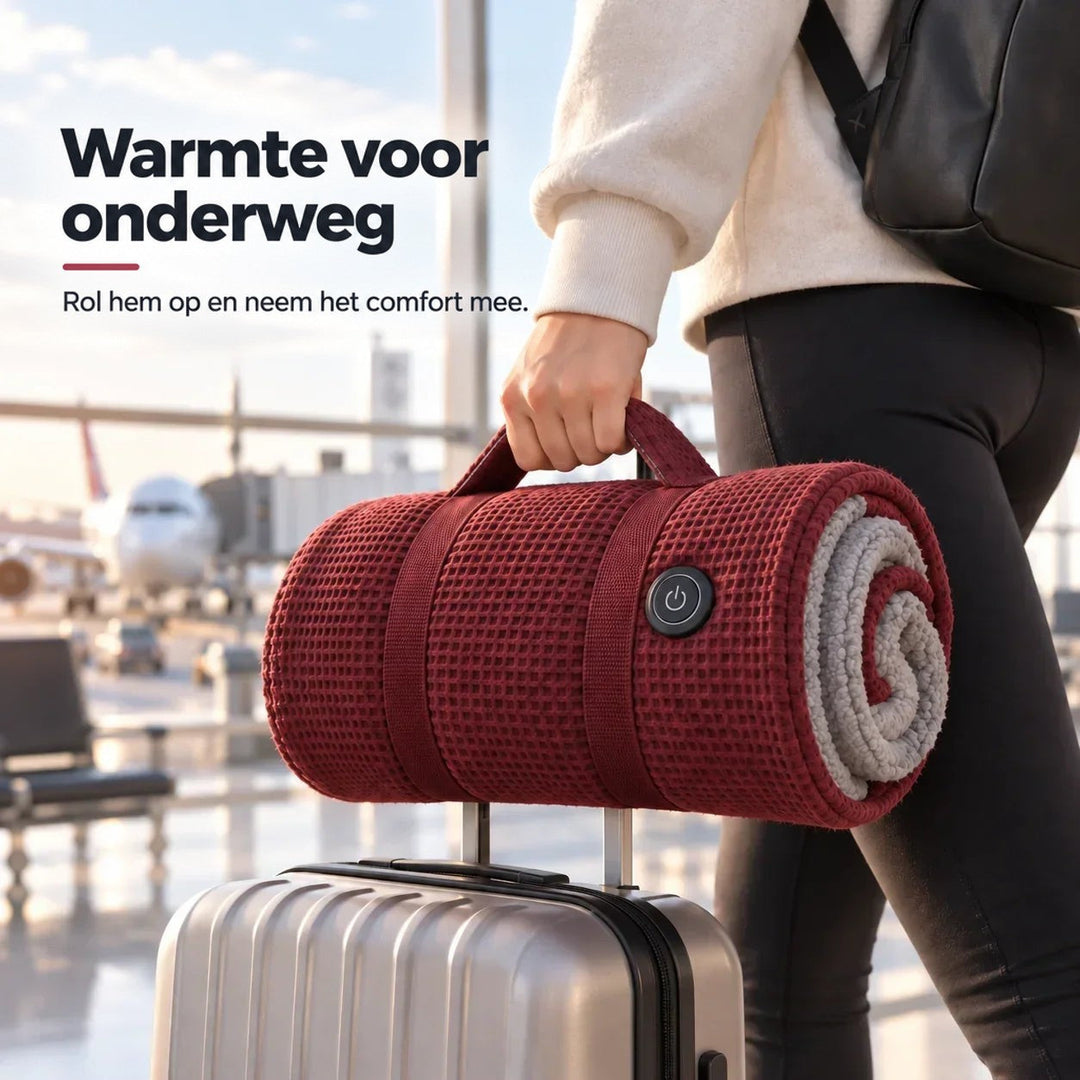 Opgerolde rode deken met draagband aan het handvat van een koffer, gedragen door een reiziger op de luchthaven 2