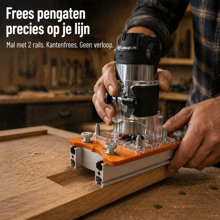 Handen houden een bovenfrees op een oranje frees-mal met twee aluminium rails, vastgeklemd op een houten plank in een werkplaats. 1