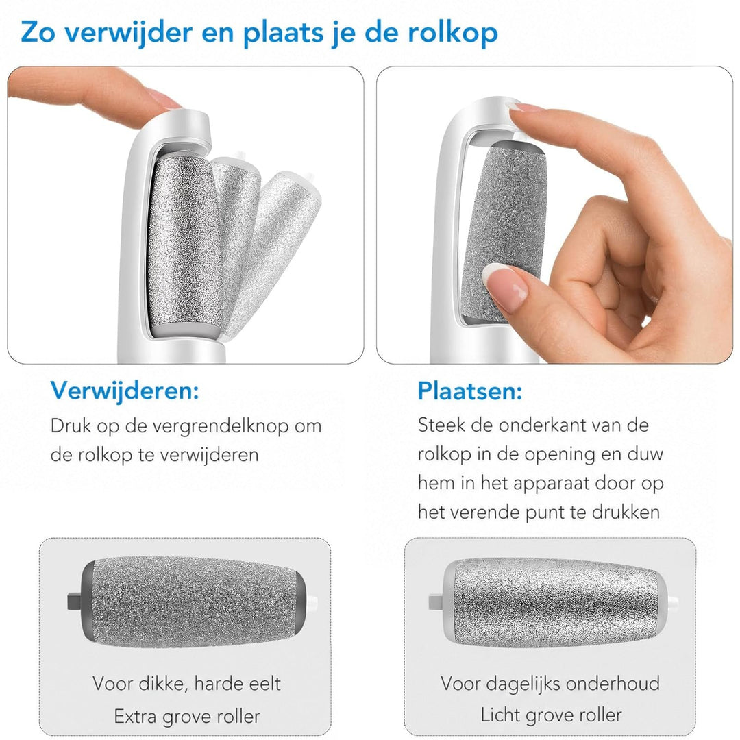 Twee handen laten zien hoe je de rolkop verwijdert en plaatst, met een extra grove en een fijnere rol. 4