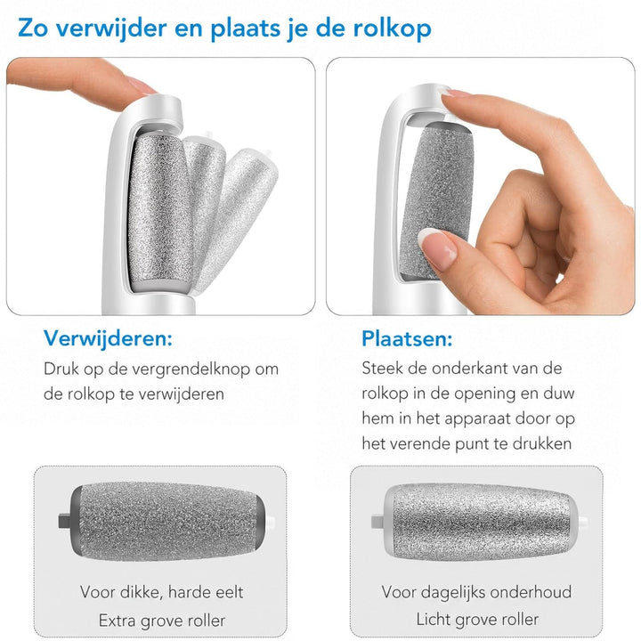 Twee handen laten zien hoe je de rolkop verwijdert en plaatst, met een extra grove en een fijnere rol. 4