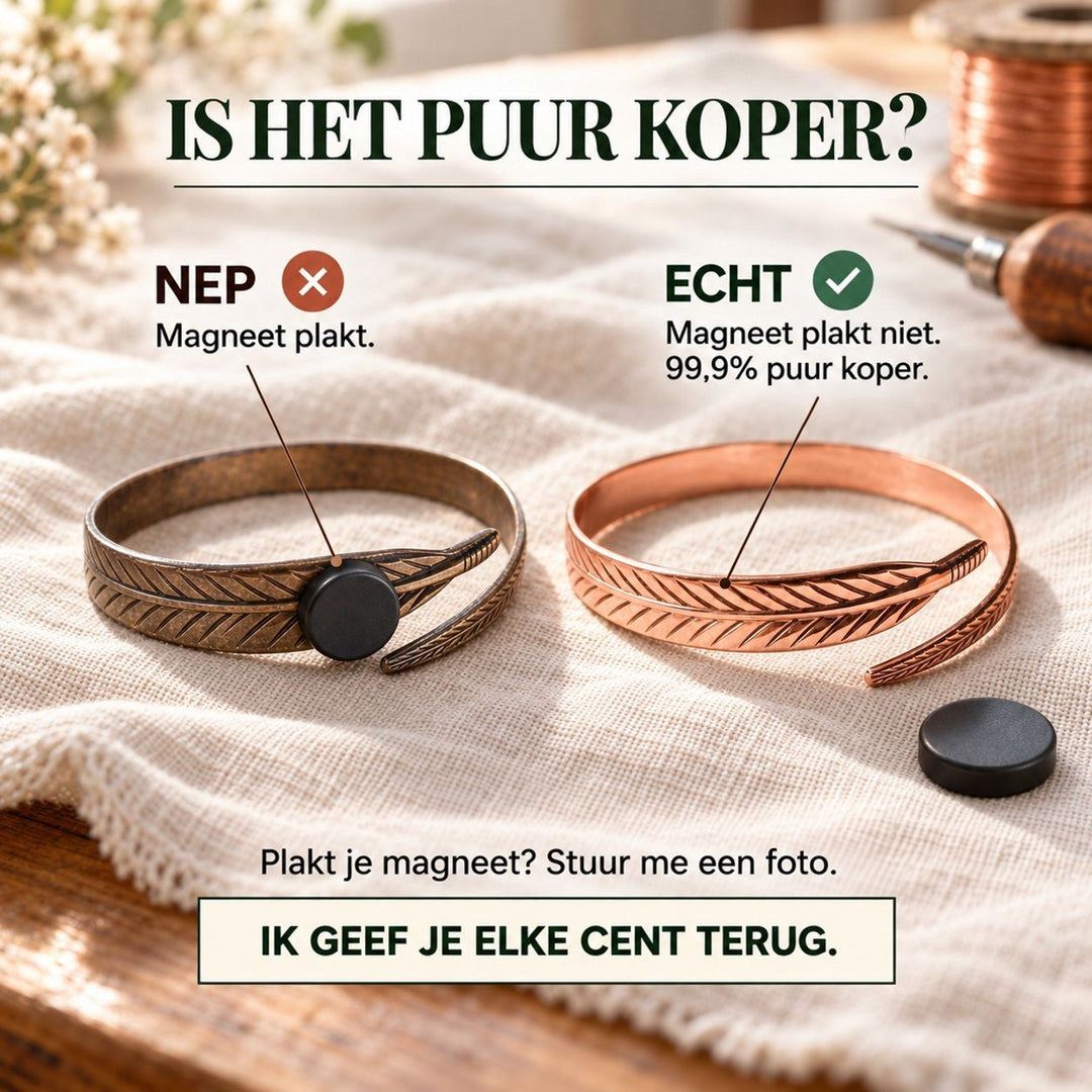 Vergelijking van een donkere en een glanzend koperen veerarmband met een zwarte magneet, met uitleg over echtheid 3