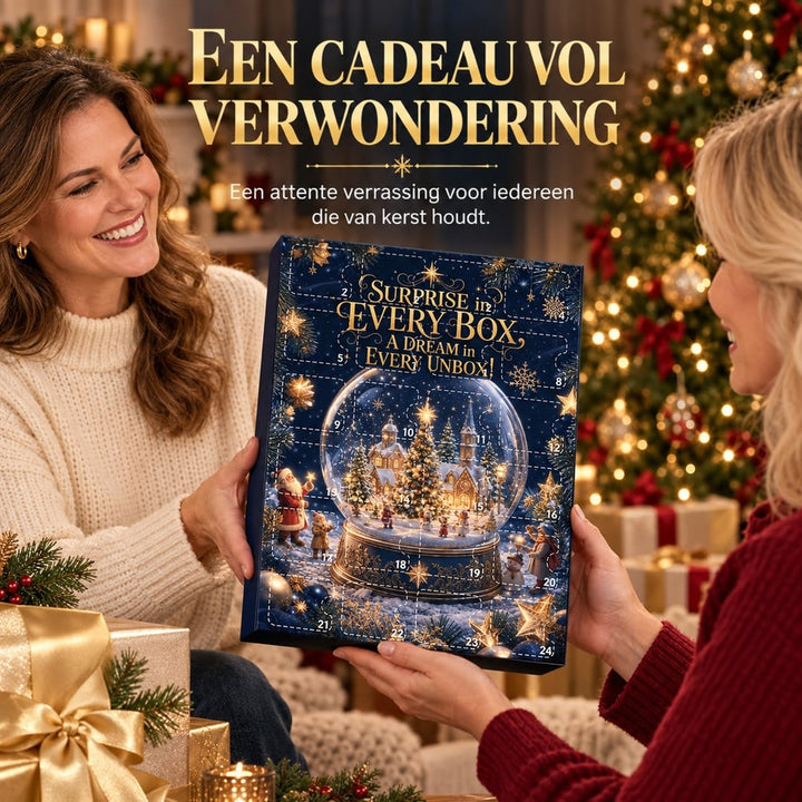 Twee vrouwen overhandigen de adventskalender als cadeau voor een versierde kerstboom 7
