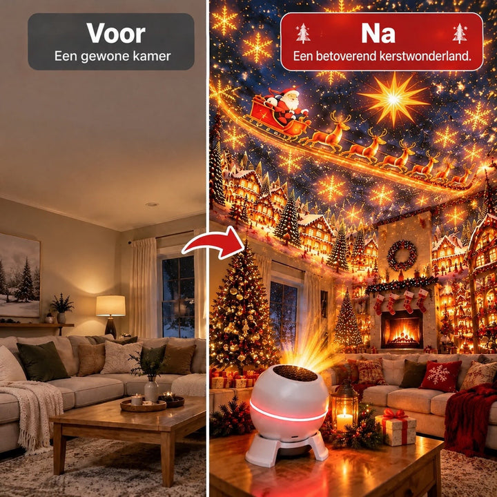 Voor-en-nabeeld van een woonkamer: gewone ruimte links, rechts vol geprojecteerde kerstsfeer door de projector 2