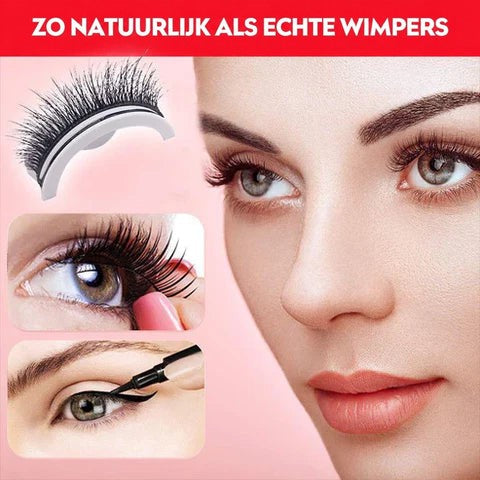 Model met natuurlijk ogende wimpers, met een wimperstukje op het houdertje, het aanbrengen op het ooglid en een eyelinerlijn eronder. 4